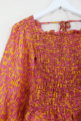 Pearl Top - Vintage Sari - Sun Yellow & Pink Abstract - XS - S By All About Audrey