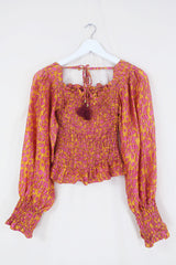 Pearl Top - Vintage Sari - Sun Yellow & Pink Abstract - XS - S By All About Audrey