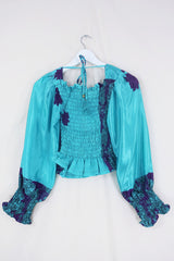 Pearl Top - Vintage Sari - Soft Turquoise & Violet Floral - XS - S