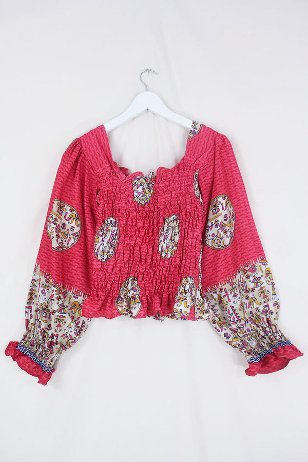 Pearl Top - Vintage Sari - Lychee Pink Abstract Animals - S - M/L By All About Audrey