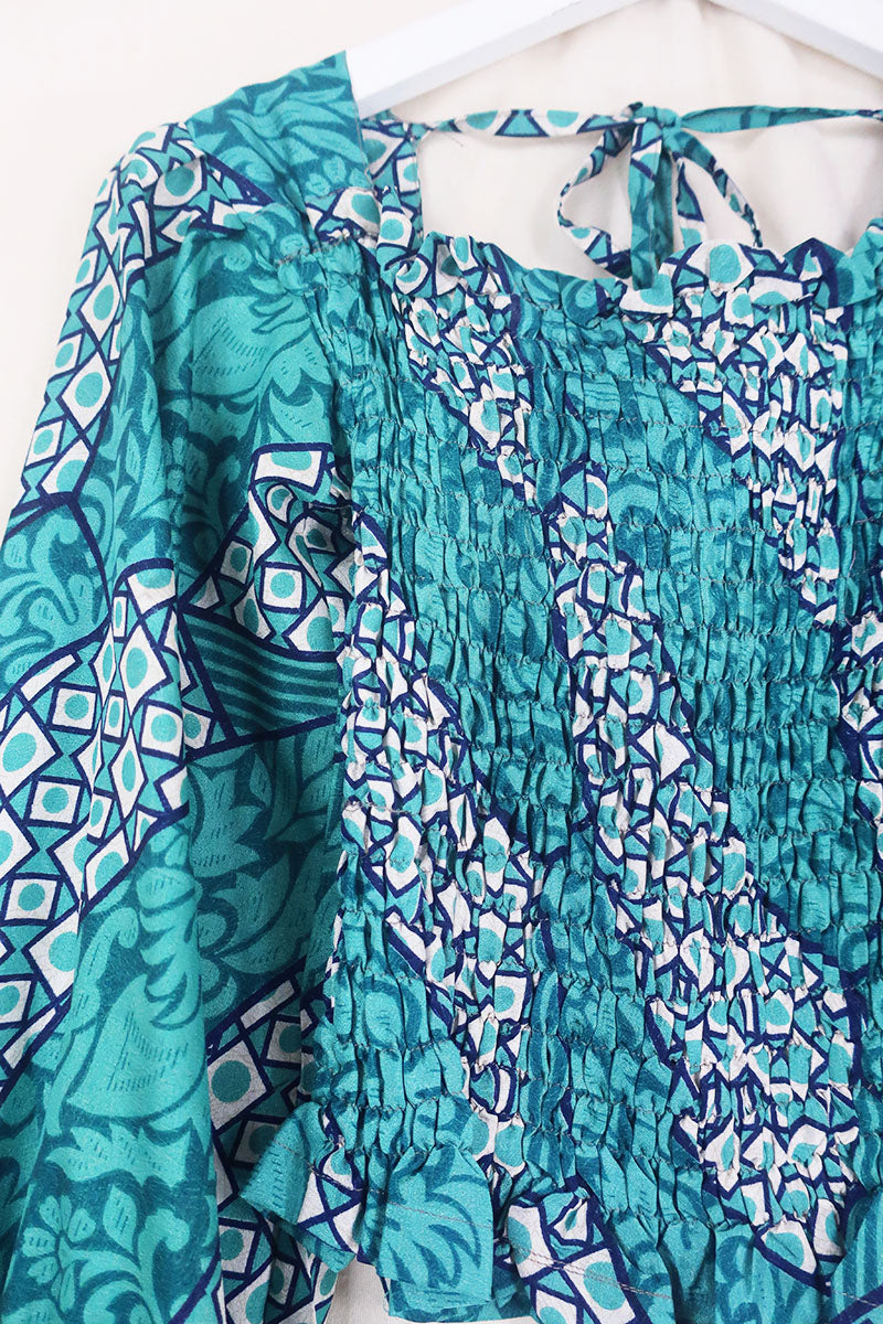 Pearl Top - Vintage Sari - Aqua Jade Geometric - XS - S