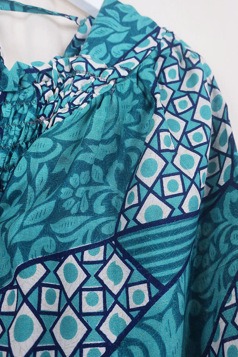Pearl Top - Vintage Sari - Aqua Jade Geometric - XS - S
