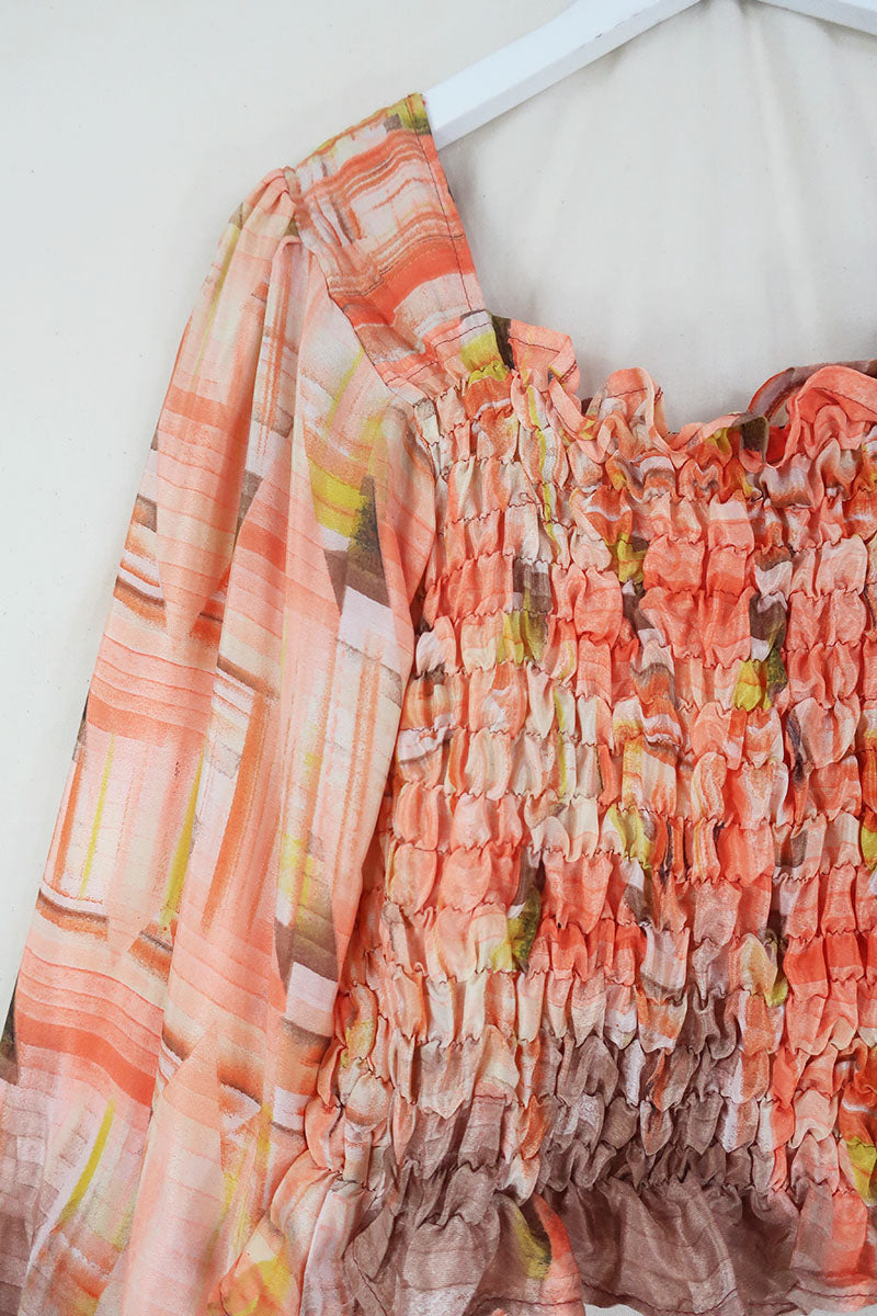 Pearl Top - Vintage Sari - Stained Glass Coral Orange - S - M/L By All About Audrey