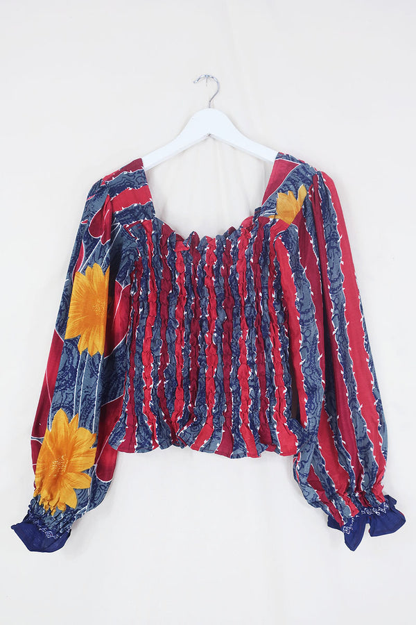 Pearl Top - Vintage Sari - Crimson Sunflower Stripes - S - M/L By All About Audrey