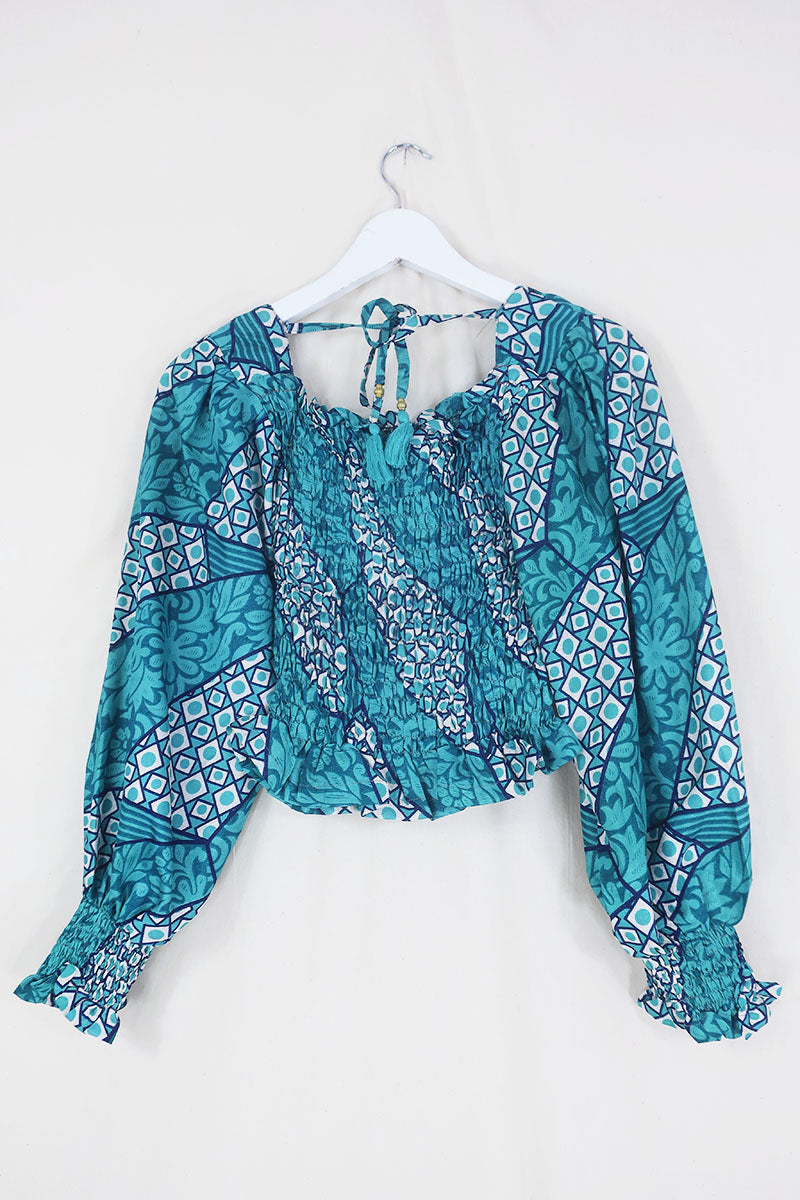 Pearl Top - Vintage Sari - Aqua Jade Geometric - XS - S