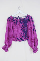 Pearl Top - Vintage Sari - Berry Pink & Indigo Floral - XS - S