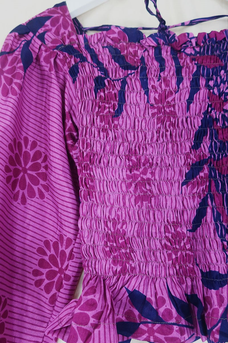 Pearl Top - Vintage Sari - Berry Pink & Indigo Floral - XS - S