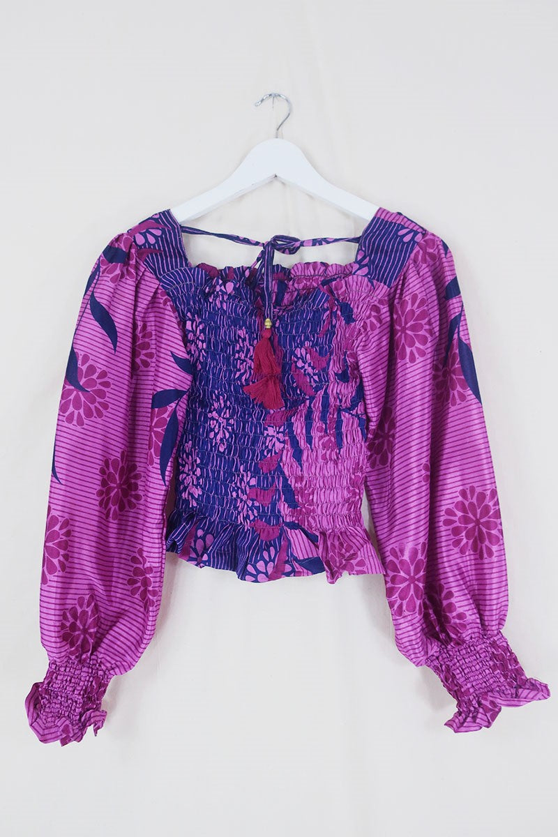 Pearl Top - Vintage Sari - Berry Pink & Indigo Floral - XS - S