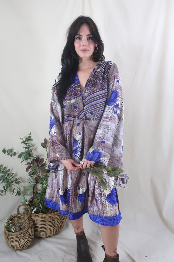 Fleur Bell Sleeve Midi Dress - Bold Amethyst, Mauve & Mocha Floral - Vintage Sari - S - M/L By All About Audrey