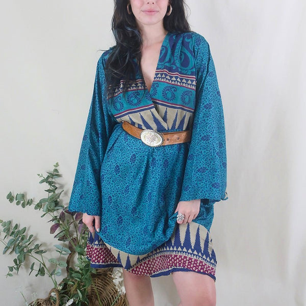 Fleur Bell Sleeve Midi Dress Marine Blue Gold Paisley Vines Vintage Sari S M L