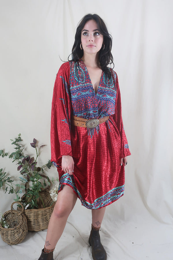 Fleur Bell Sleeve Midi Dress - Cherry Red & Aqua Floral - Vintage Sari - S - M/L By All About Audrey