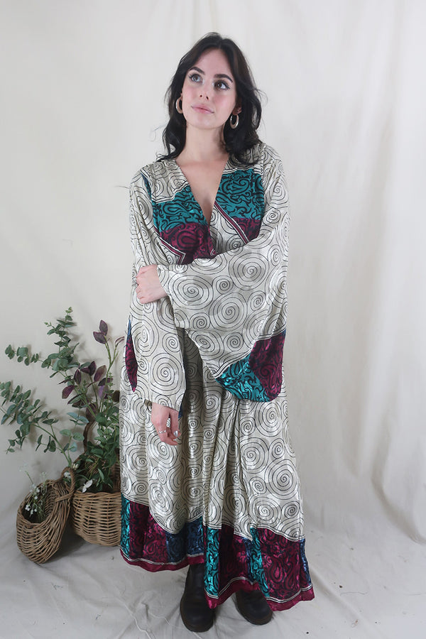 Fleur Bell Sleeve Maxi Dress - White Gold Waves & Teal Paisley - Vintage Sari - S - M/L By All About Audrey