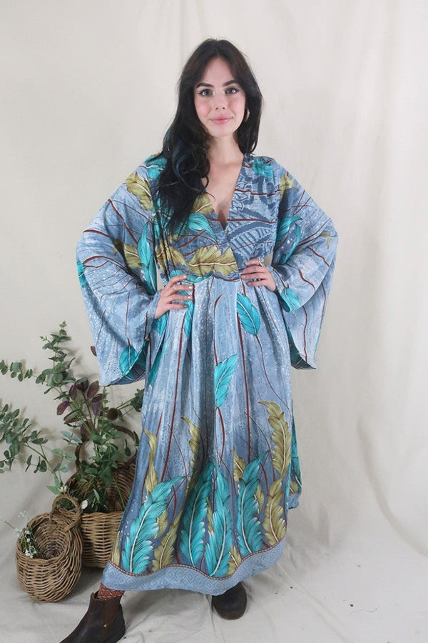 Fleur Bell Sleeve Maxi Dress - Grey Oceanic Plants - Vintage Sari - S - M/L By All About Audrey