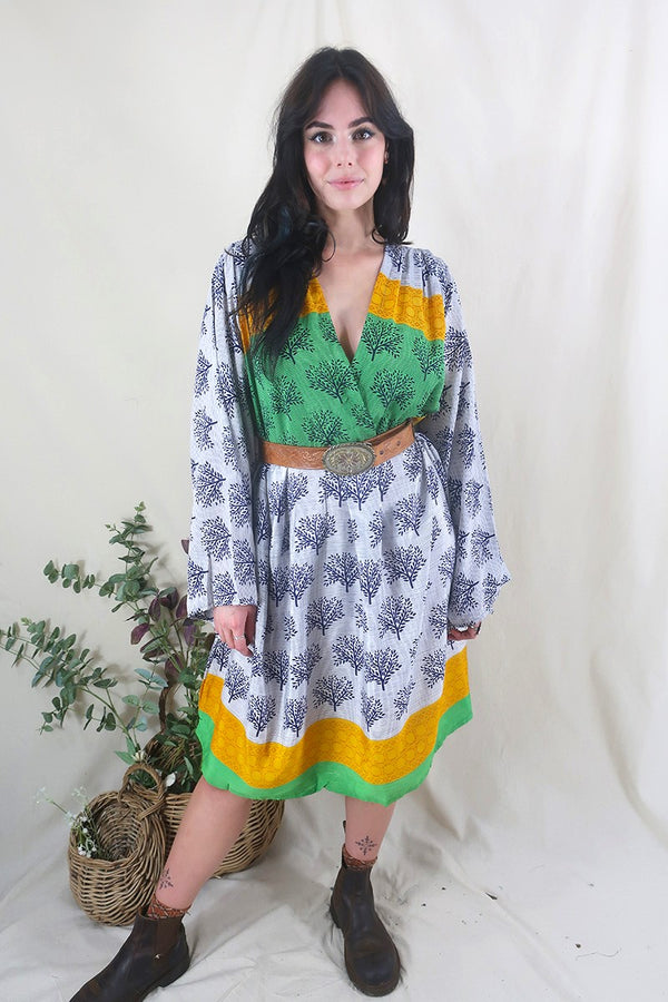 Fleur Bell Sleeve Midi Dress - Sun Yellow & Lime Trees - Vintage Sari - S - M/L By All About Audrey