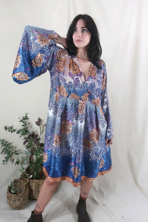 Fleur Bell Sleeve Midi Dress - Prussian Blue & Copper Roses - Vintage Sari - S - M/L By All About Audrey