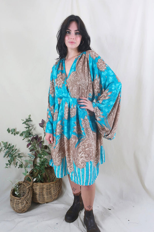 Fleur Bell Sleeve Midi Dress - Tan & Turquoise Paisley - Vintage Sari - S - M/L All About Audrey