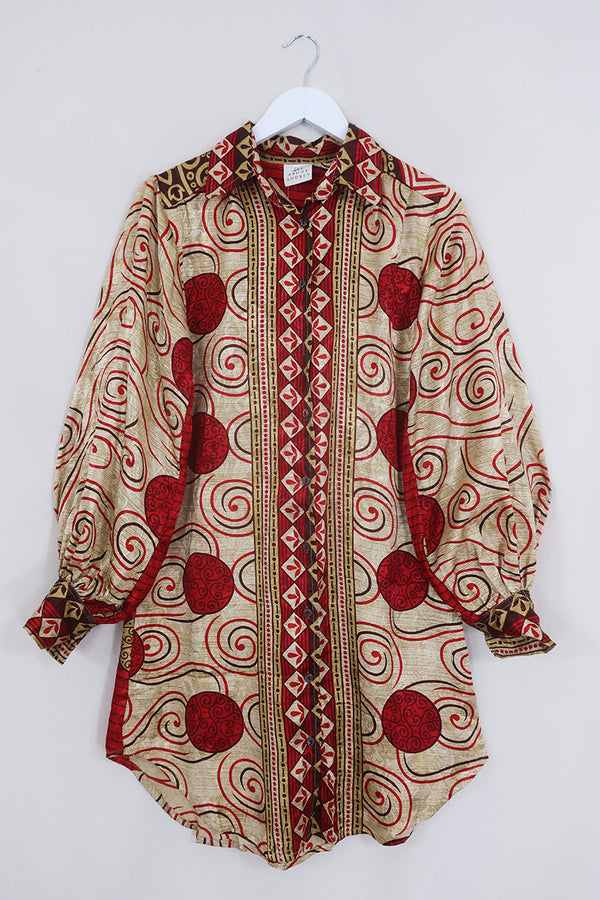 SALE Bonnie Shirt Dress - Red Garnet & Sun Spots - Vintage Indian Sari - Size M/L By All About Audrey