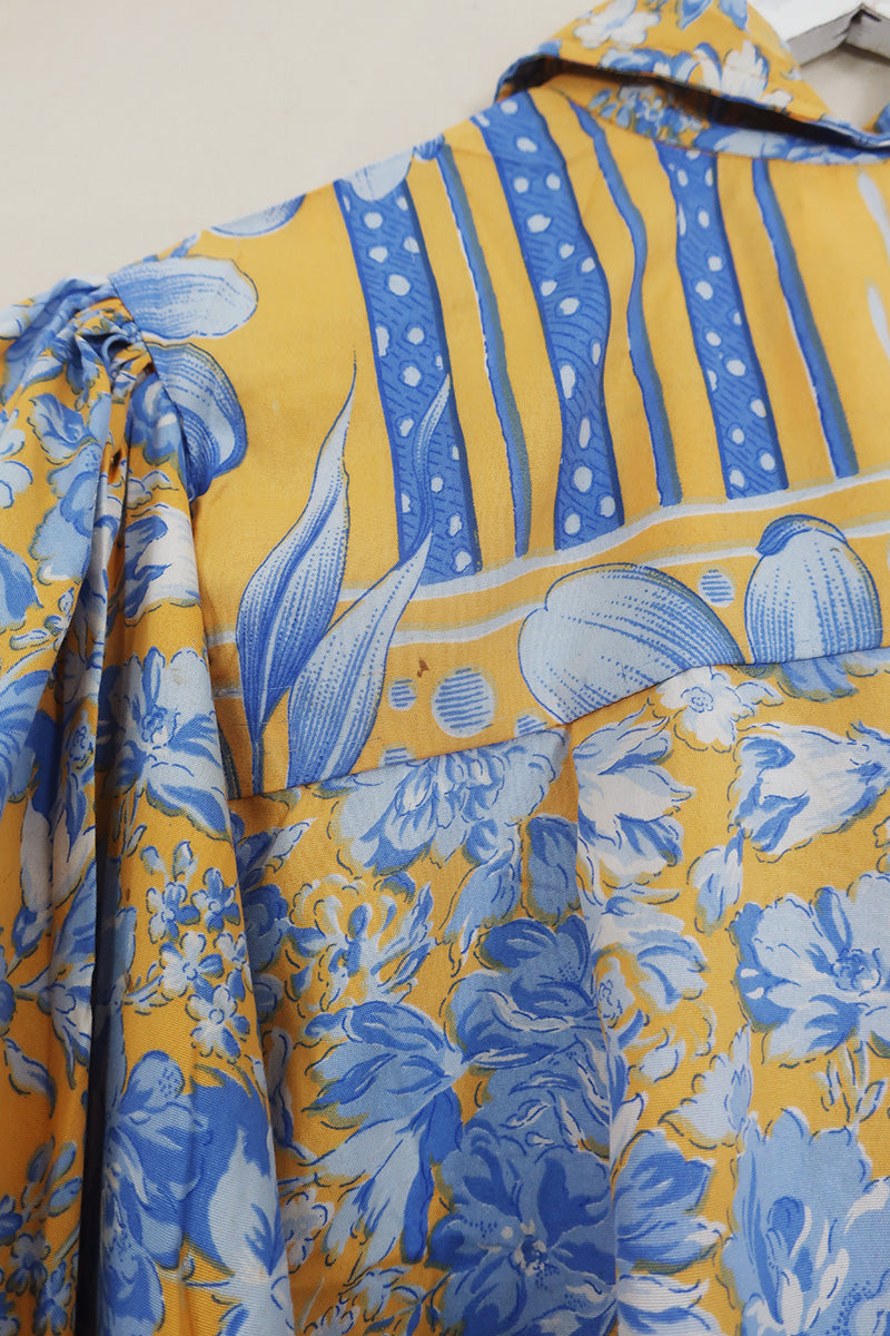 Bonnie Shirt Dress - Buttercream & Blue Porcelain Floral - Vintage Indian Sari - Size M/L