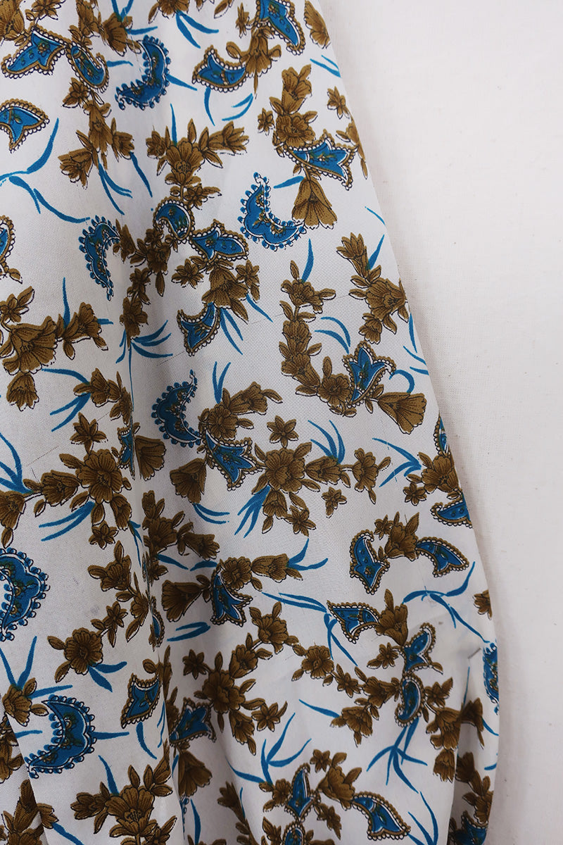 SALE Bonnie Shirt Dress - Cloud White, Teal & Taupe Botanical - Vintage Indian Sari - Size M/L