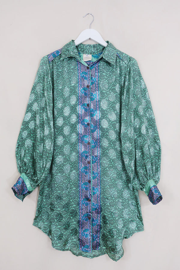 Bonnie Shirt Dress - Lagoon Green Reeds - Vintage Indian Sari - Size M/L By All About Audrey