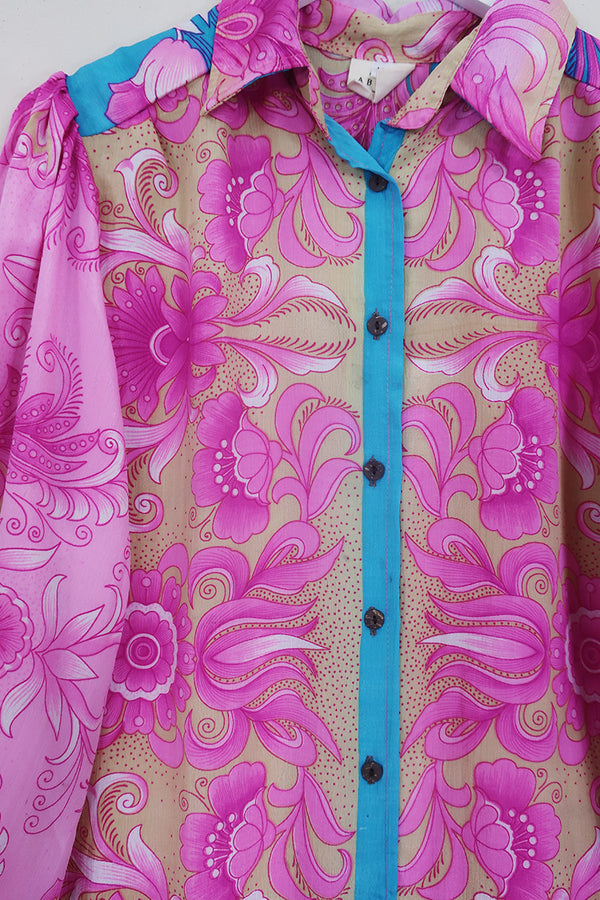 Bonnie Shirt Dress - Pink Sunburst Floral - Vintage Indian Sari - Size M/L By All About Audrey