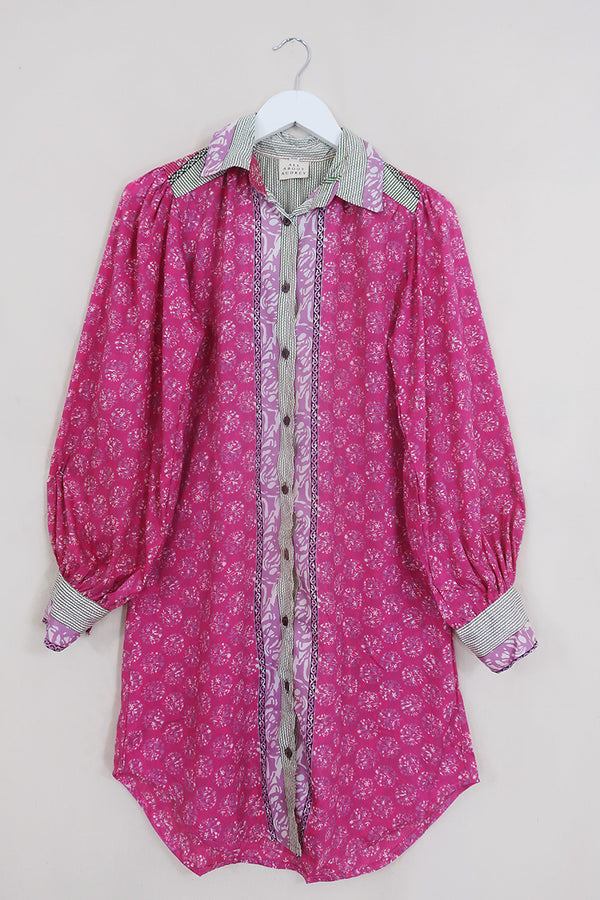Bonnie Shirt Dress -Dotted Pink Azaeleas - Vintage Indian Sari - Size S/M By All About Audrey