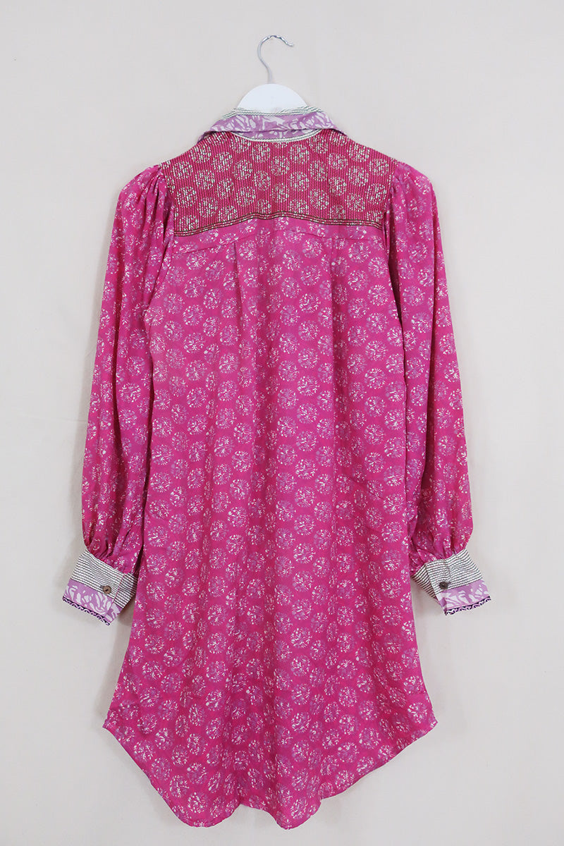 Bonnie Shirt Dress -Dotted Pink Azaeleas - Vintage Indian Sari - Size S/M By All About Audrey