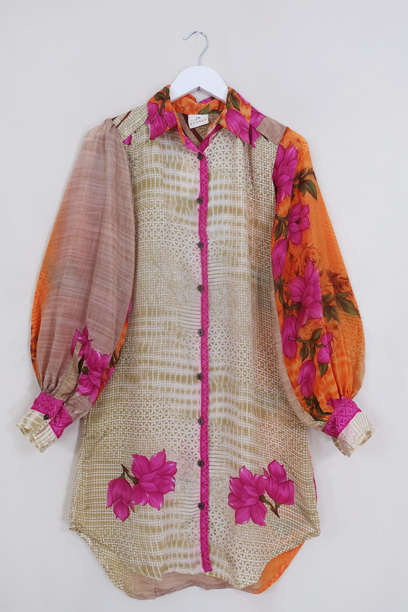 Bonnie Shirt Dress - Tropical Knots & Spots - Vintage Indian Sari - Size S/M By All About Audrey