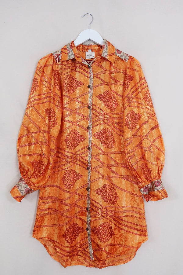 Bonnie Shirt Dress - Glimmering Orange Amber - Vintage Indian Sari - Size S/M By All About Audrey