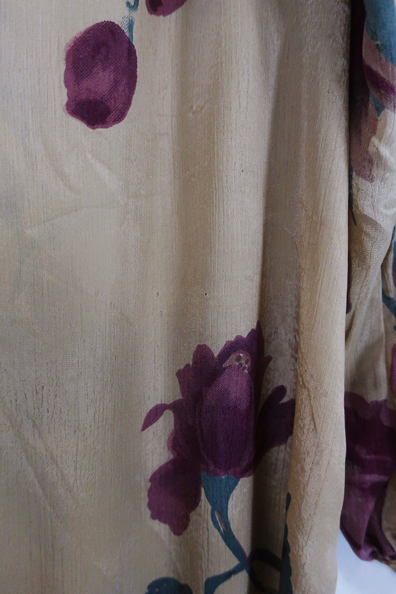 Bonnie Shirt Dress - Buff Beige Painted Flowers - Vintage Indian Sari - Size L/XL