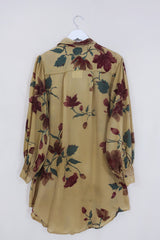 Bonnie Shirt Dress - Buff Beige Painted Flowers - Vintage Indian Sari - Size L/XL By All About Audrey