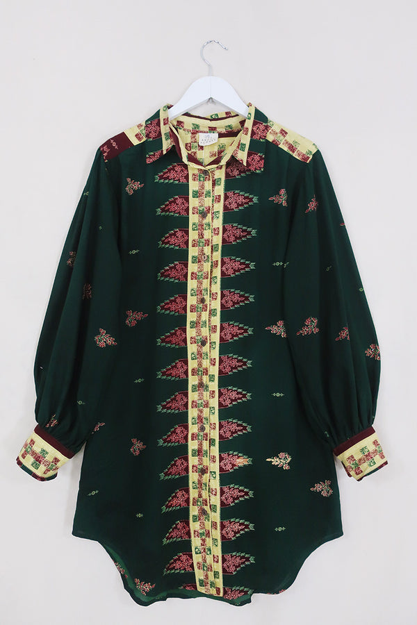 Bonnie Shirt Dress - Bottle Green & Cowboy Crimson - Vintage Indian Sari - Size XL By All About Audrey