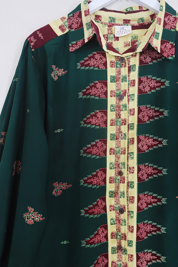 Bonnie Shirt Dress - Bottle Green & Cowboy Crimson - Vintage Indian Sari - Size XL By All About Audrey