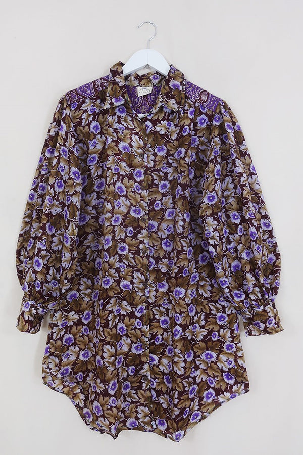 Bonnie Shirt Dress - Pansy Earth Watercolour - Vintage Indian Sari - Size L/XL By All About Audrey