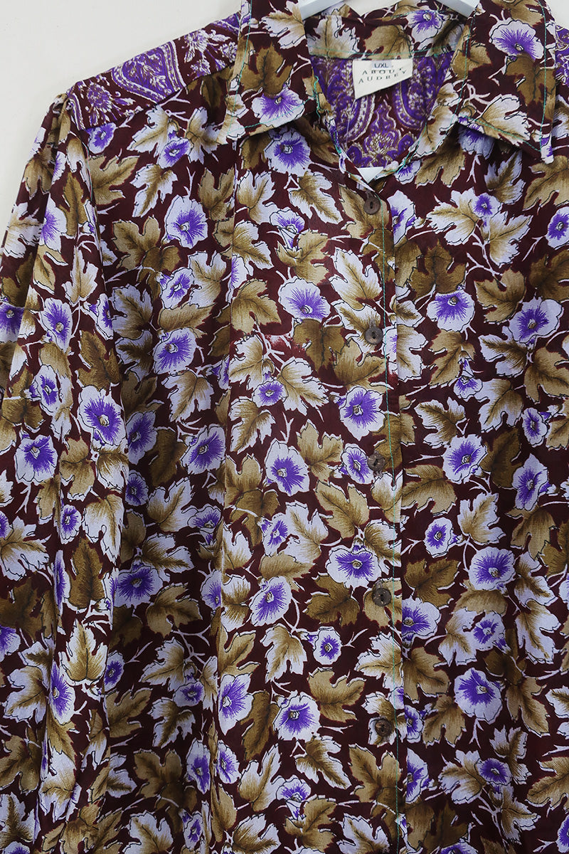 Bonnie Shirt Dress - Pansy Earth Watercolour - Vintage Indian Sari - Size L/XL By All About Audrey