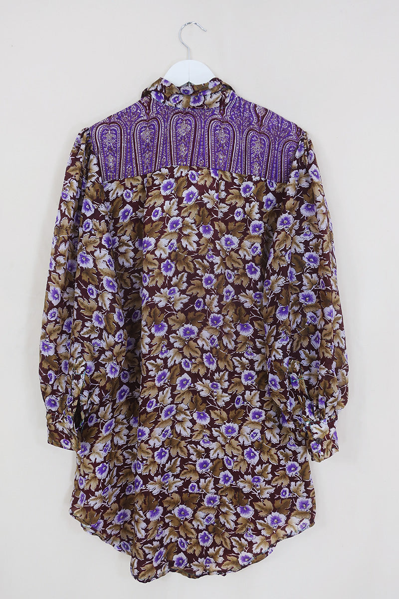 Bonnie Shirt Dress - Pansy Earth Watercolour - Vintage Indian Sari - Size L/XL By All About Audrey