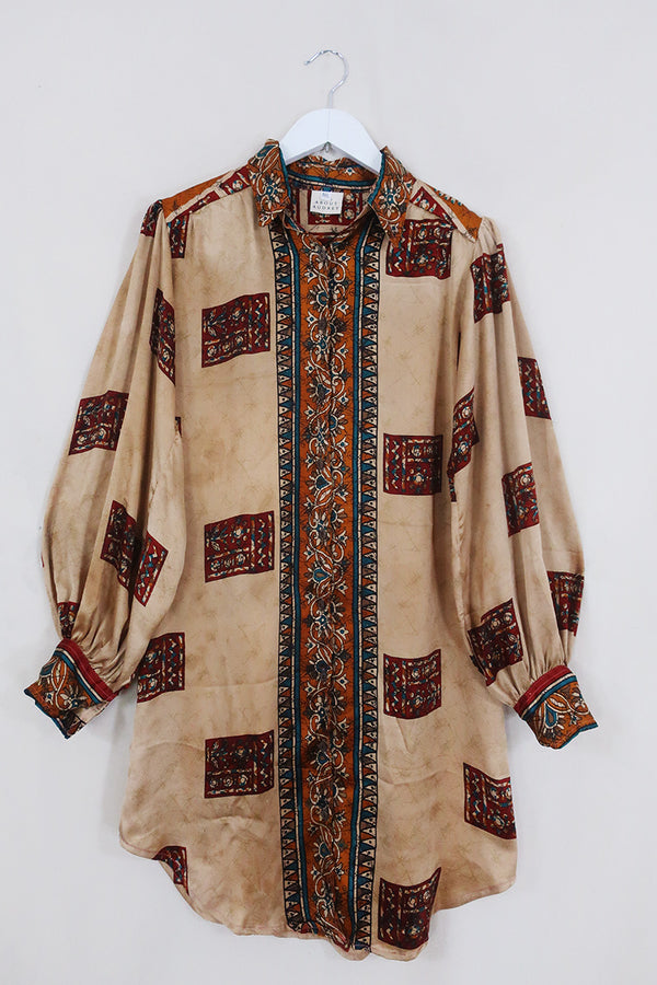 SALE Bonnie Shirt Dress - Desert Flora Batik - Vintage Indian Sari - Size M By All About Audrey
