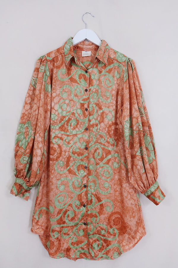 Bonnie Shirt Dress - Terracotta & Sea Green Swirls - Vintage Indian Sari - Size M/L By All About Audrey