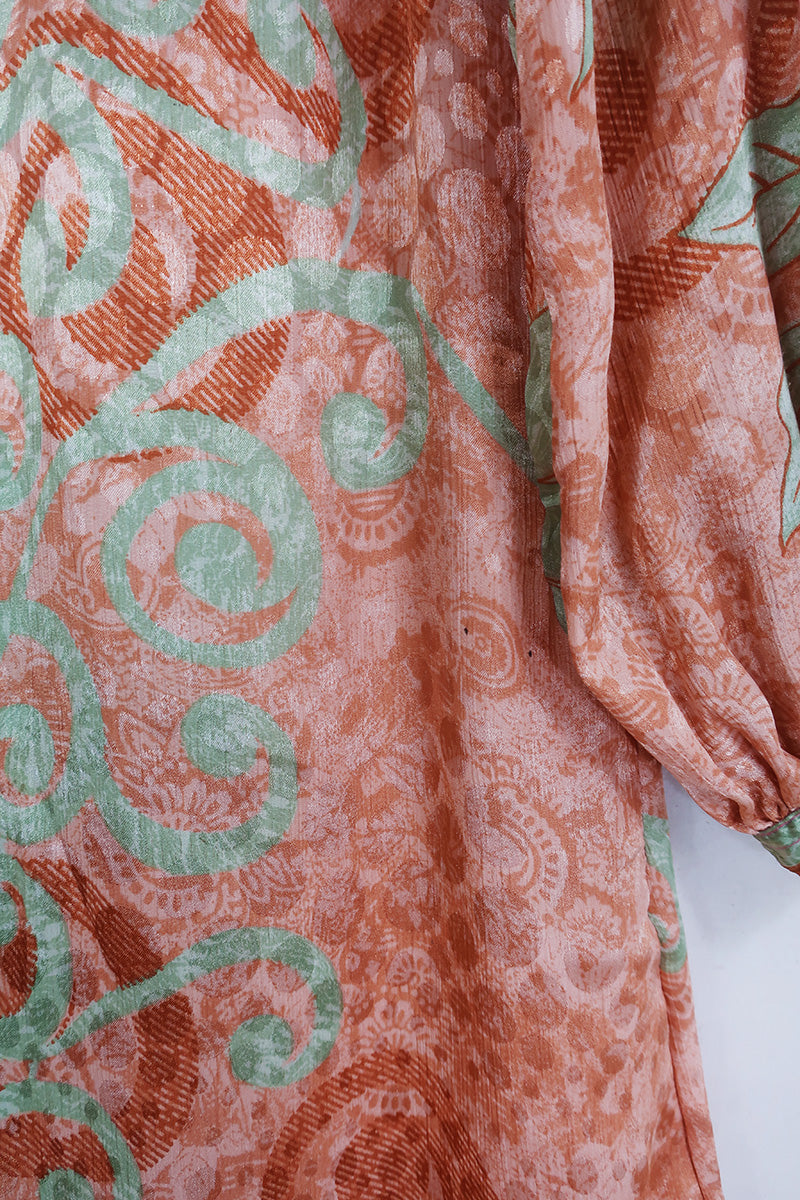 Bonnie Shirt Dress - Terracotta & Sea Green Swirls - Vintage Indian Sari - Size M/L