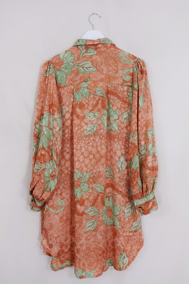 Bonnie Shirt Dress - Terracotta & Sea Green Swirls - Vintage Indian Sari - Size M/L By All About Audrey