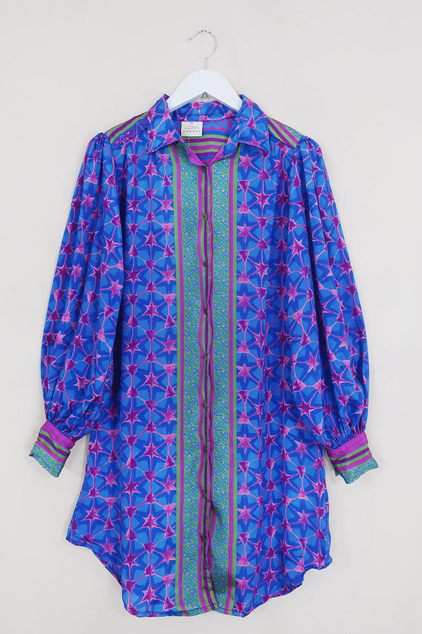 Bonnie Shirt Dress - Blue Star Kaleidescope - Vintage Indian Sari - Size S/M By All About Audrey