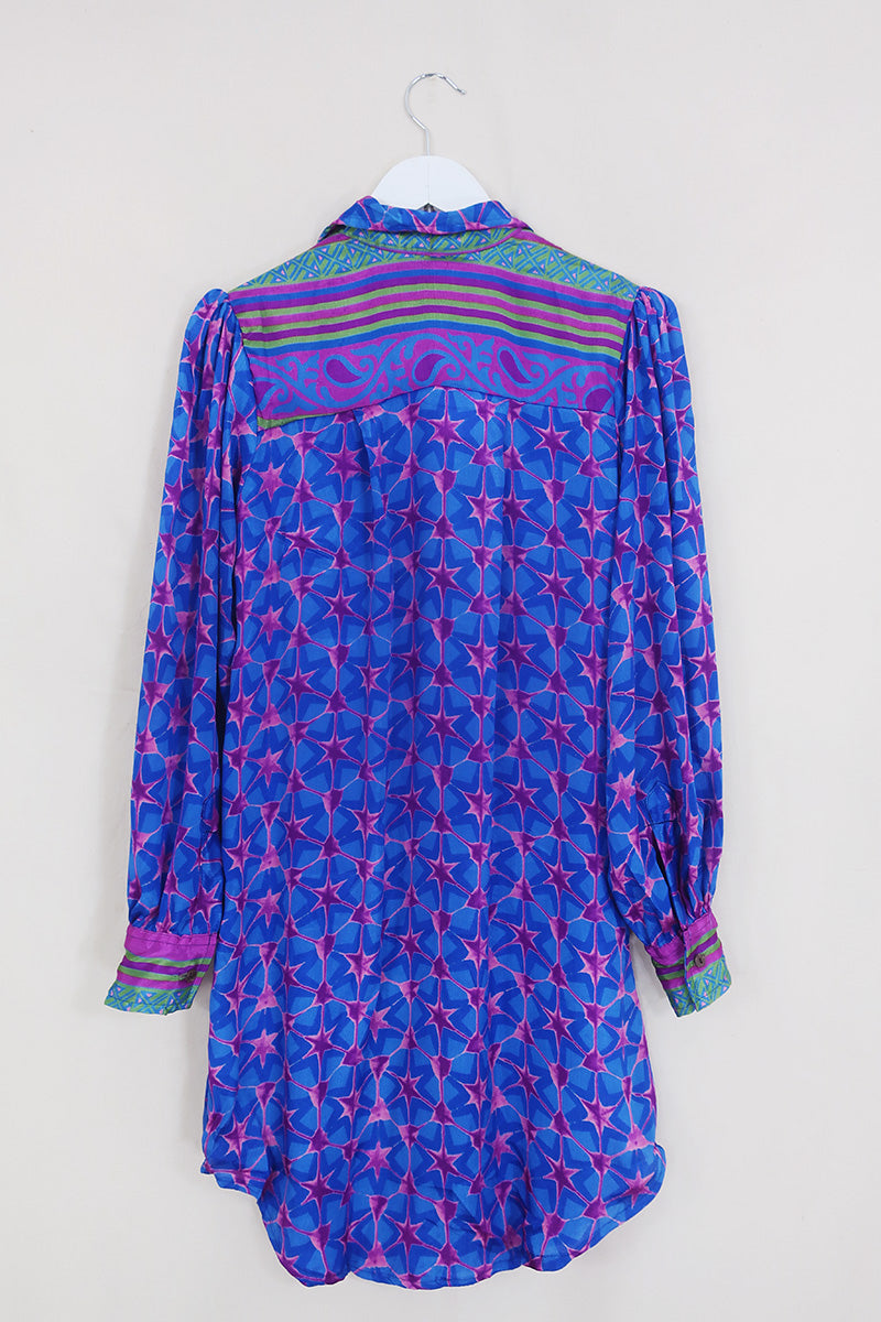Bonnie Shirt Dress - Blue Star Kaleidescope - Vintage Indian Sari - Size S/M By All About Audrey