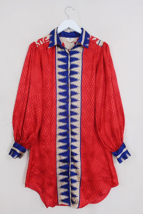 Bonnie Shirt Dress - Vivid Scarlet & Blue - Vintage Indian Sari - Size M/L By All About Audrey