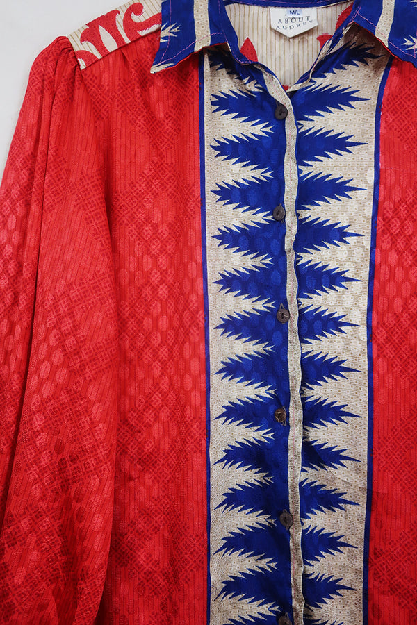 Bonnie Shirt Dress - Vivid Scarlet & Blue - Vintage Indian Sari - Size M/L By All About Audrey