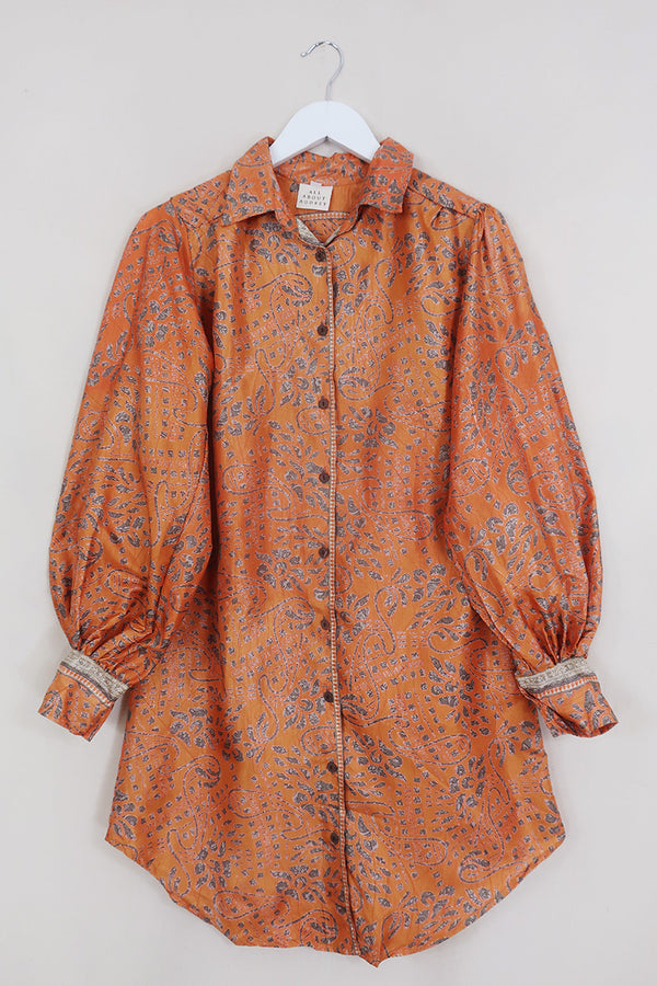 Bonnie Shirt Dress - Cinnamon & Slate Mosaic - Vintage Indian Sari - Size M/L By All About Audrey