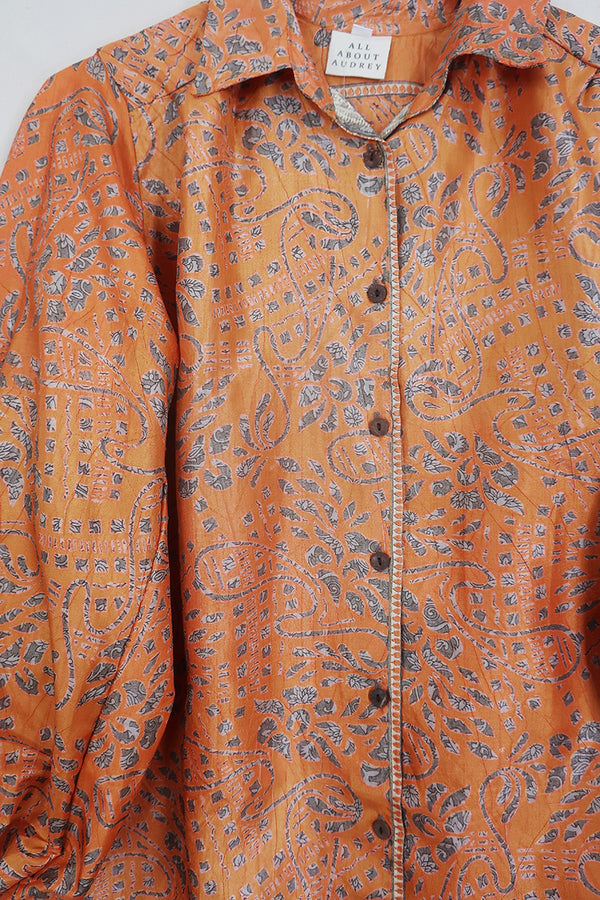 Bonnie Shirt Dress - Cinnamon & Slate Mosaic - Vintage Indian Sari - Size M/L By All About Audrey