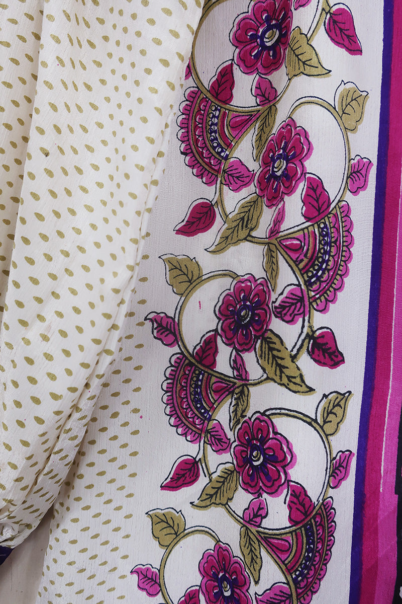 Bonnie Shirt Dress - Strawberry & Pearl Folk Floral - Vintage Indian Sari - Size M/L