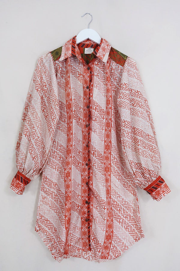 Bonnie Shirt Dress - Sea Salt & Coral Tiles - Vintage Indian Sari - Size M By All About Audrey