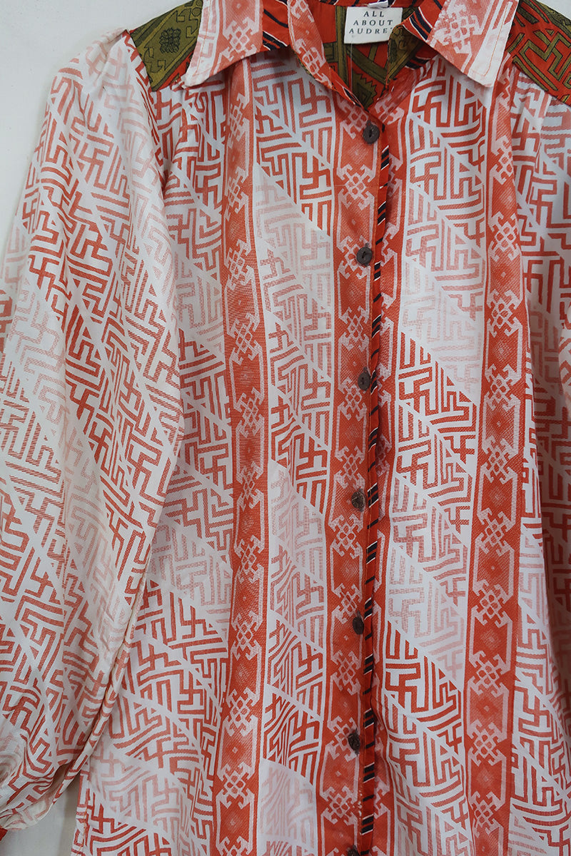 Bonnie Shirt Dress - Sea Salt & Coral Tiles - Vintage Indian Sari - Size M By All About Audrey