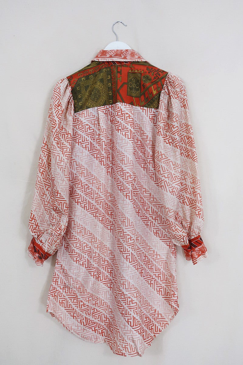 Bonnie Shirt Dress - Sea Salt & Coral Tiles - Vintage Indian Sari - Size M By All About Audrey